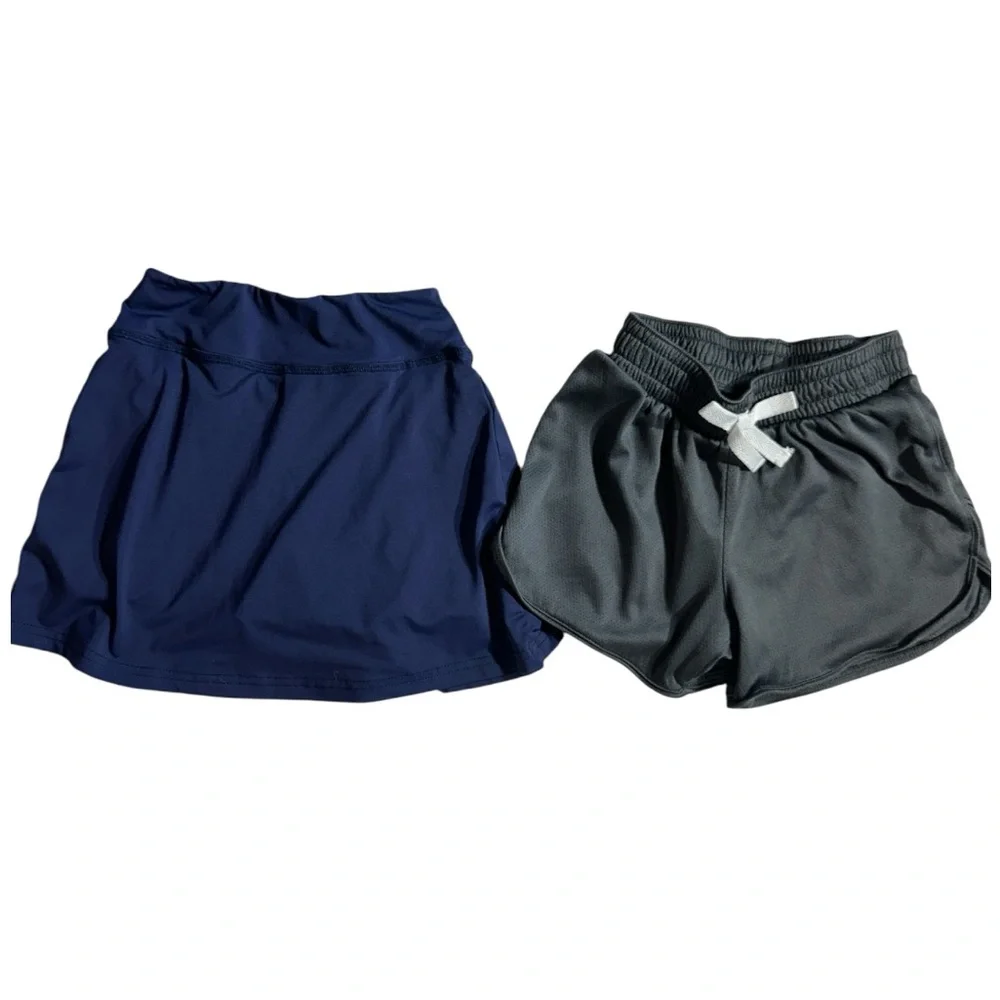 Girls active wear bundle- 2 tops, crop pullover, tennis skirt & shorts 6/7